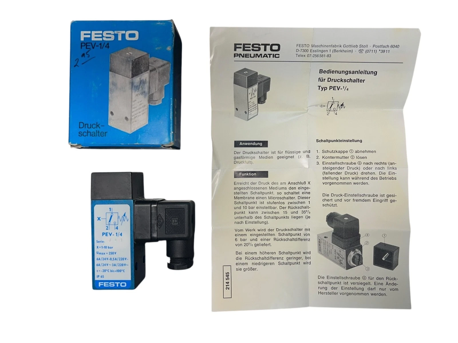 Festo PEV-1/4 Pneumatic Pressure Switch (Druckschalter)