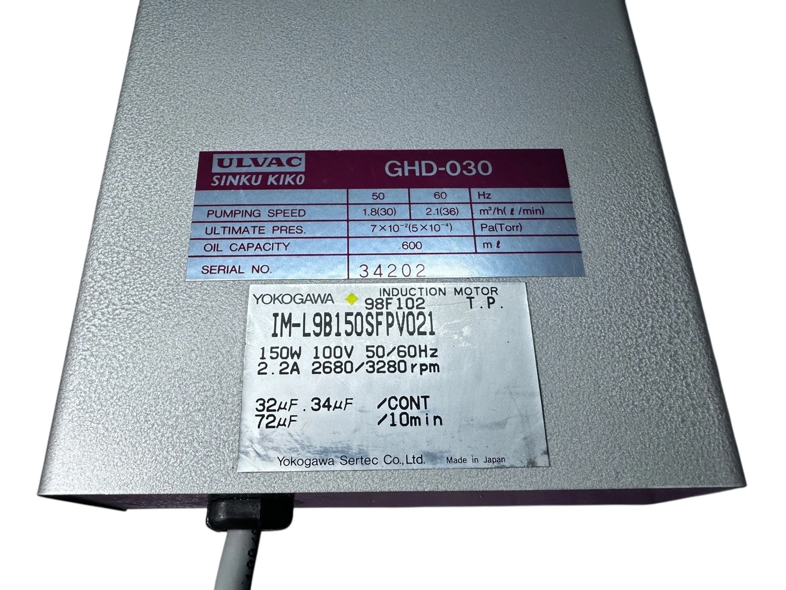 ULVAC SINKU KIKO GHD-030 Rotary Vane Vacuum Pump | Yokogawa Motor | 100V — photo 5 of 8