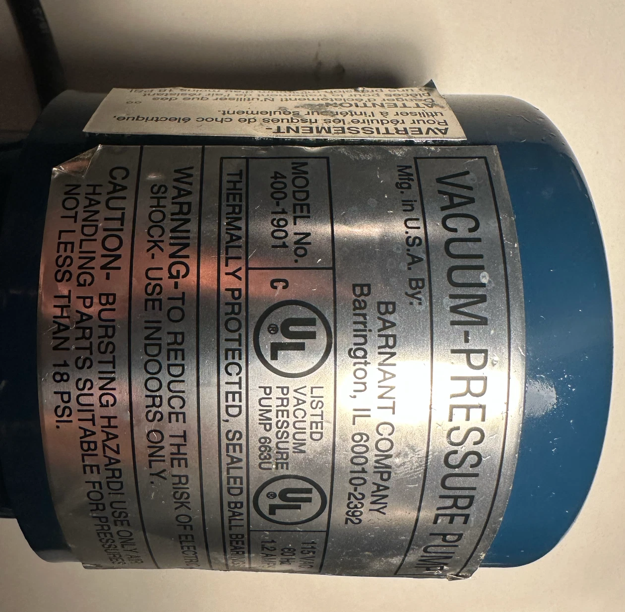 Barnant Company Vacuum-Pressure Pump Model 400-1901 | UL Listed | 115VAC 1.2A — photo 2 of 6