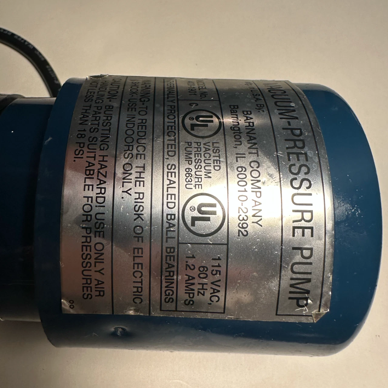 Barnant Company Vacuum-Pressure Pump Model 400-1901 | UL Listed | 115VAC 1.2A — photo 3 of 6