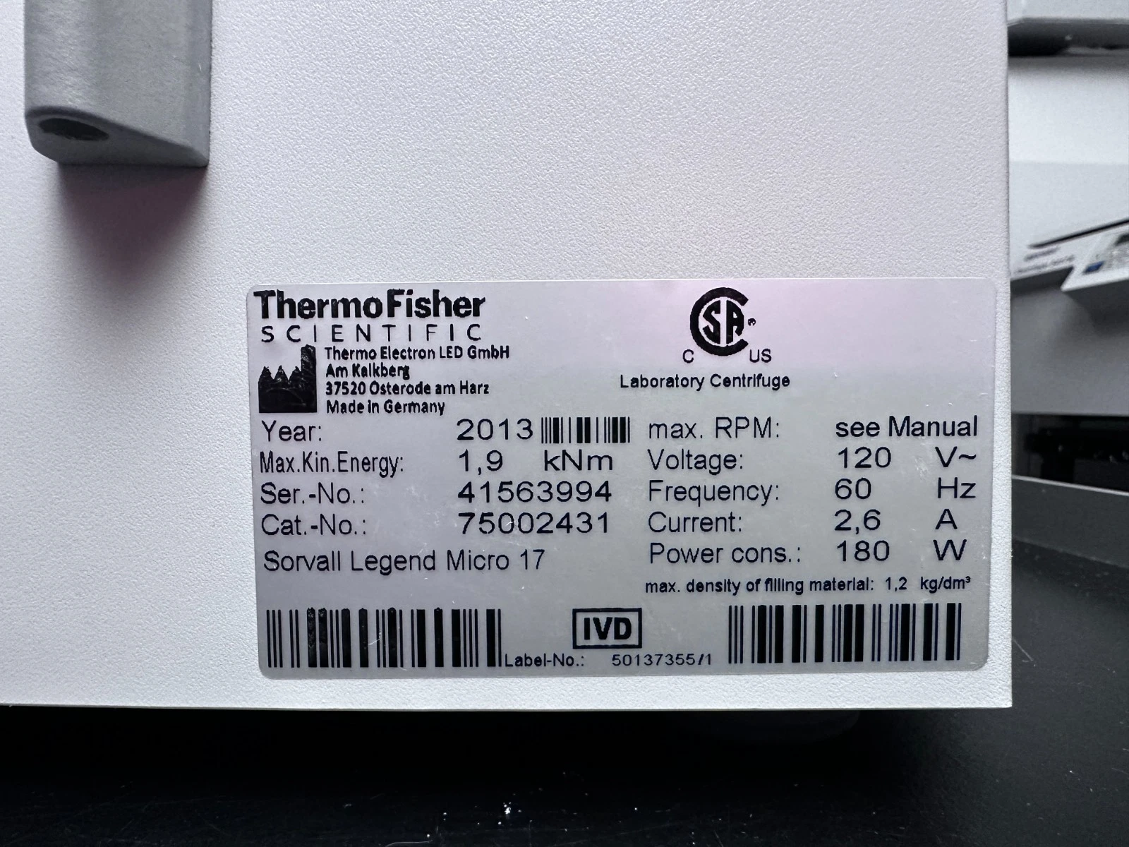 Thermo Scientific Sorvall Legend Micro 17 Centrifuge w/ Rotor — photo 8 of 8