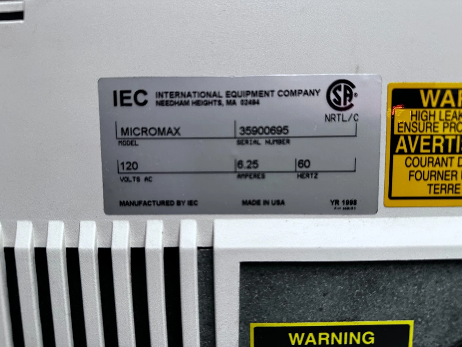IEC Micromax High-Speed Benchtop Centrifuge w/ Rotor 851 – 15000 RPM, 120V — photo 7 of 9