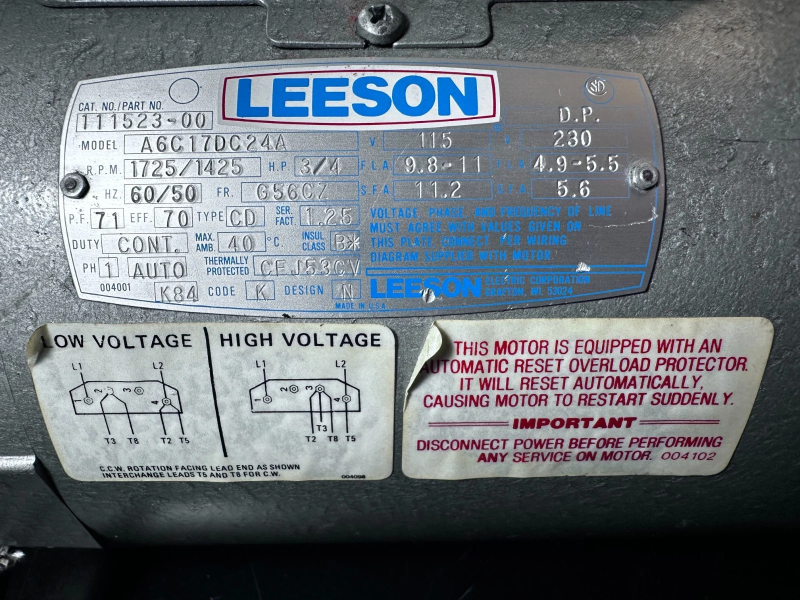 Leeson Electric Motor A6C17DC24A – 3/4 HP, 115/230V – from Edwards E2M-12 Pump — photo 11 of 13