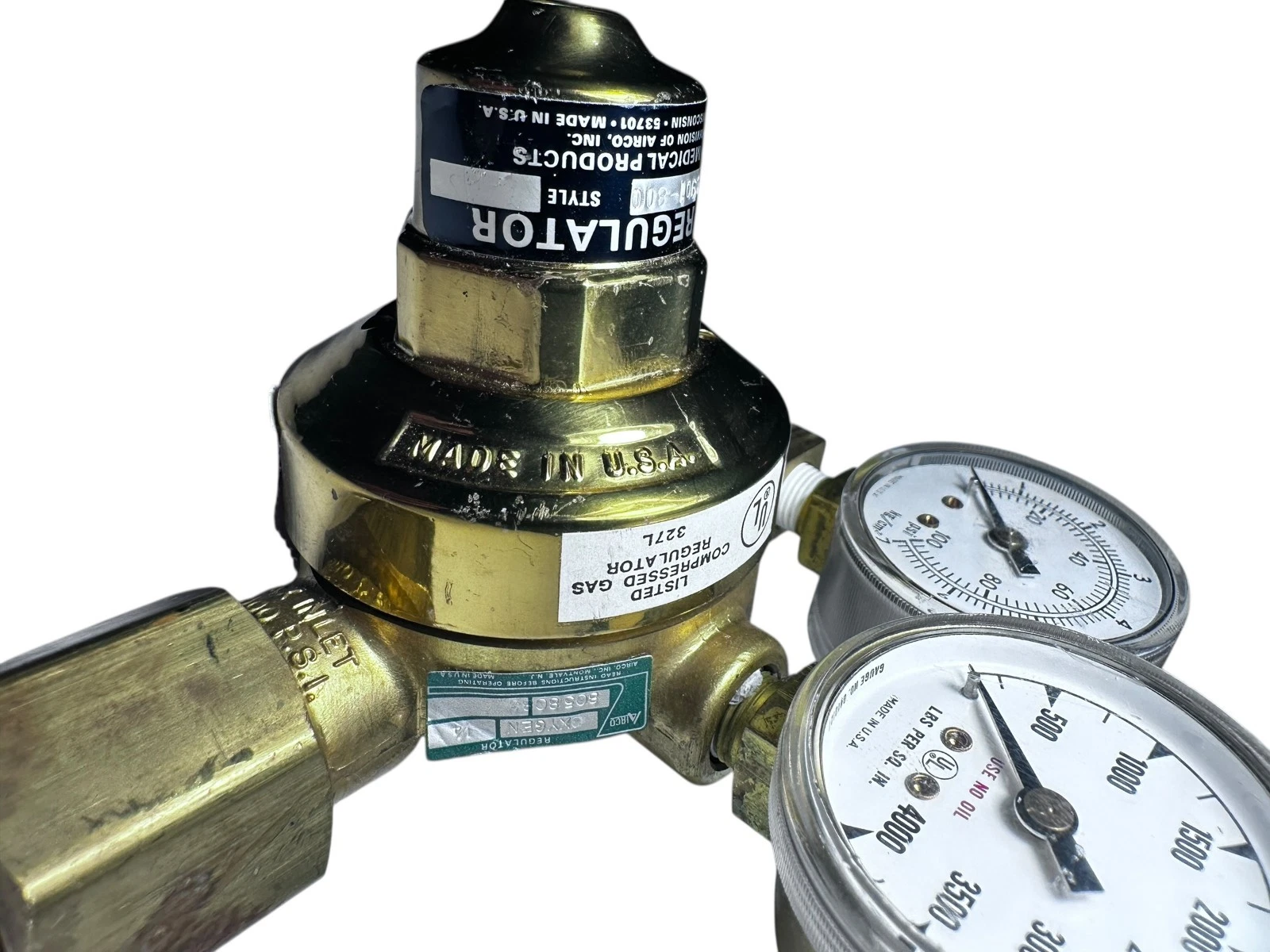 Ohio Medical 306-0901-800 Oxygen Regulator Dual Gauge Brass 4000 PSI USA — photo 3 of 9