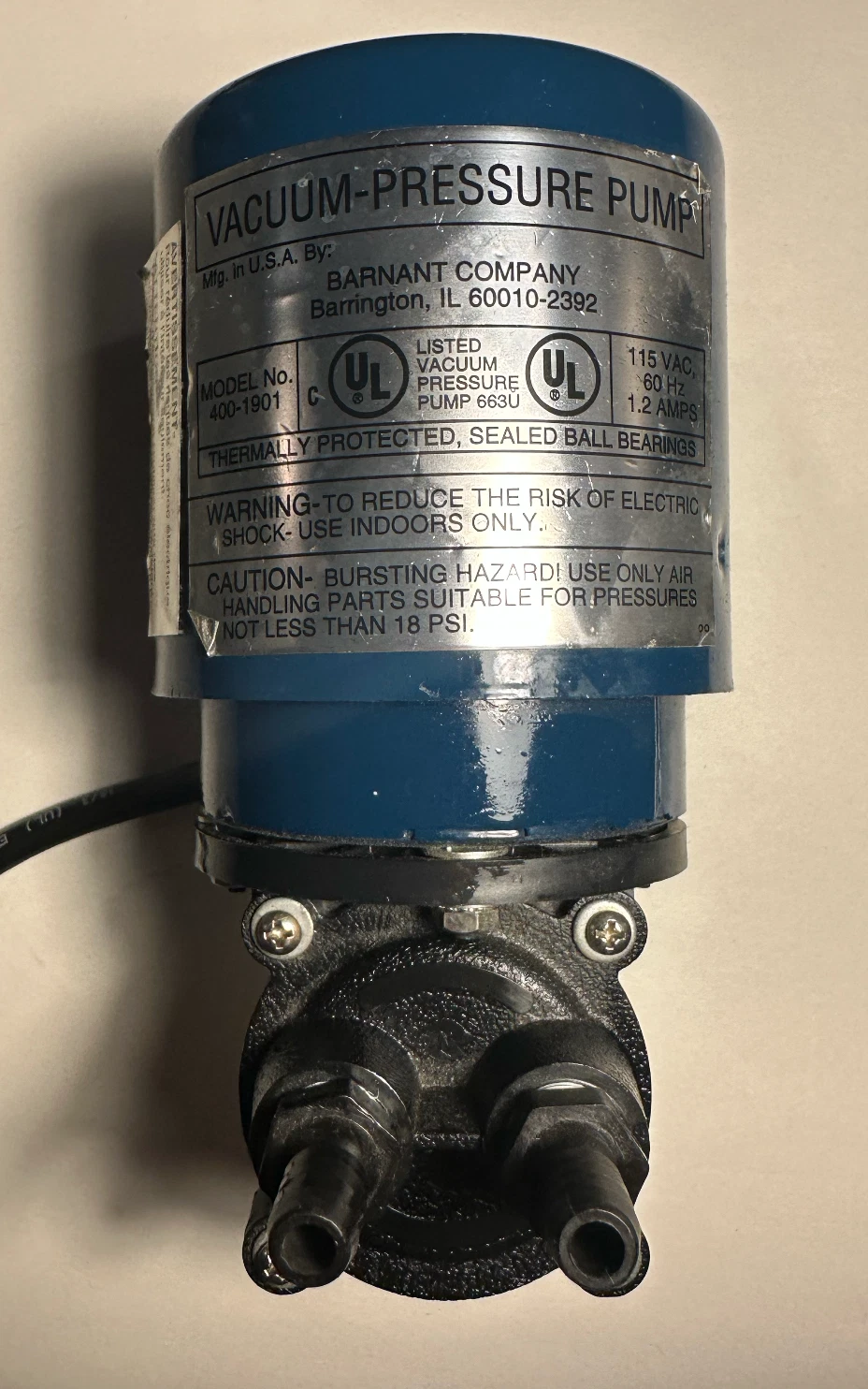 Barnant Company Vacuum-Pressure Pump Model 400-1901 | UL Listed | 115VAC 1.2A available from Noble Lab Trade