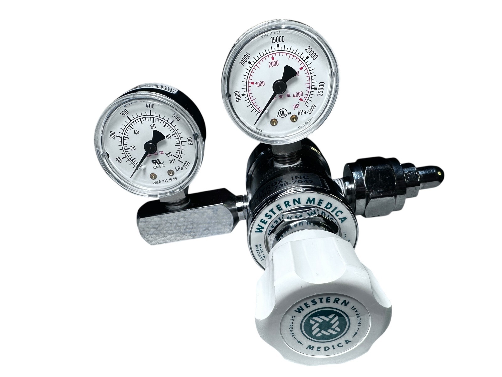 Western Medica M1-540-PG Oxygen Regulator 0–100 PSI Adj Dual Gauge CGA-540 available from Noble Lab Trade