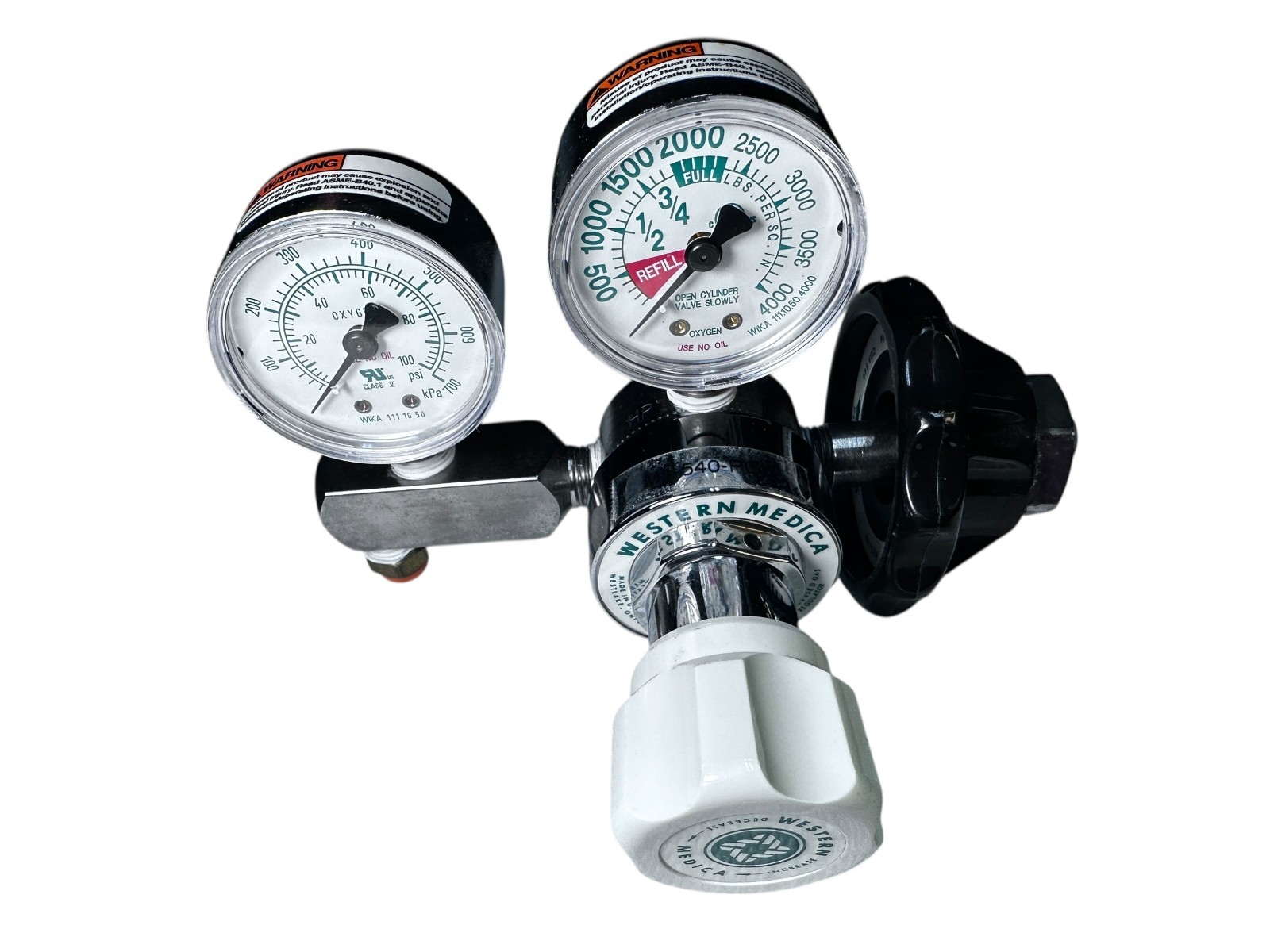 Western Medica M1-540-PG Oxygen Regulator CGA-540 Dual Gauge 0-100 PSI USA available from Noble Lab Trade