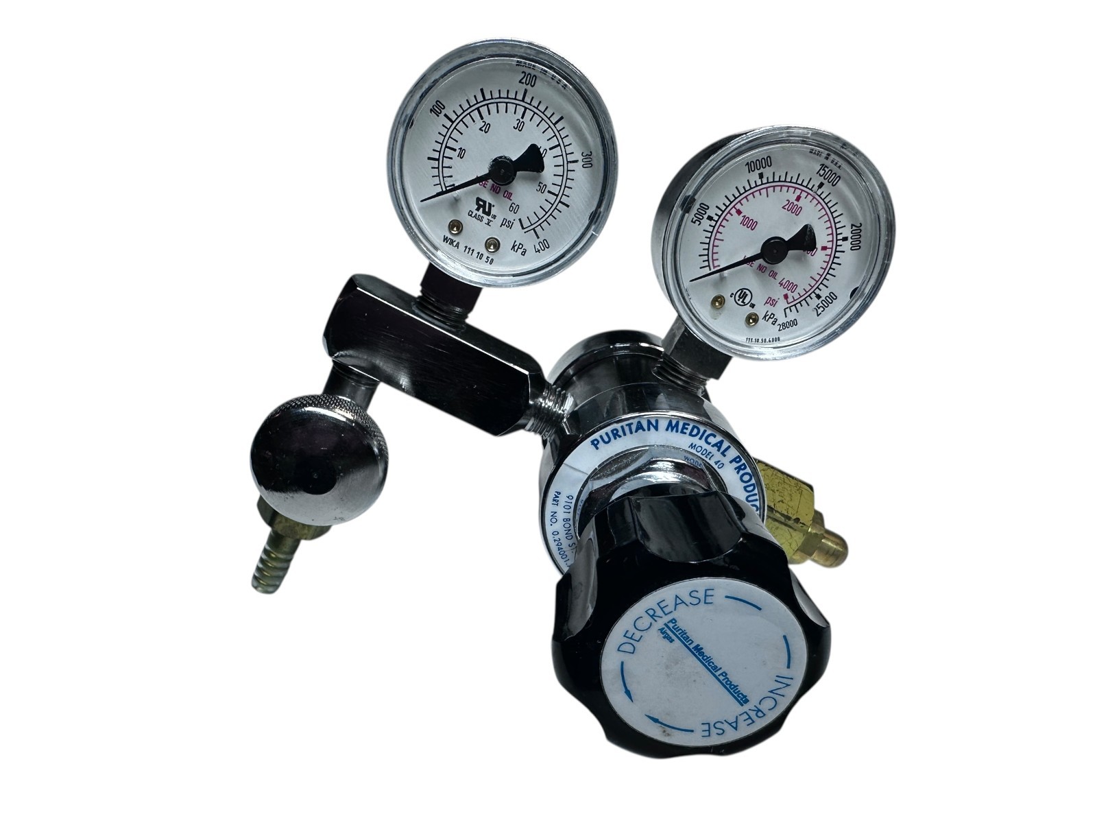 Puritan Medical Products Model 40 Gas Regulator Dual Gauge 4000 PSI USA available from Noble Lab Trade