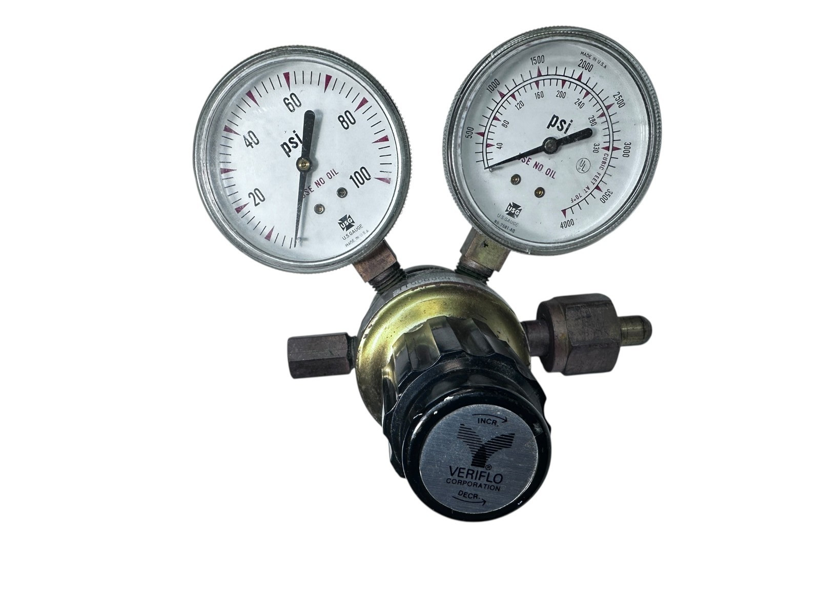 Veriflo DECRA Gas Regulator Dual Gauge Brass 4000 PSI USA available from Noble Lab Trade