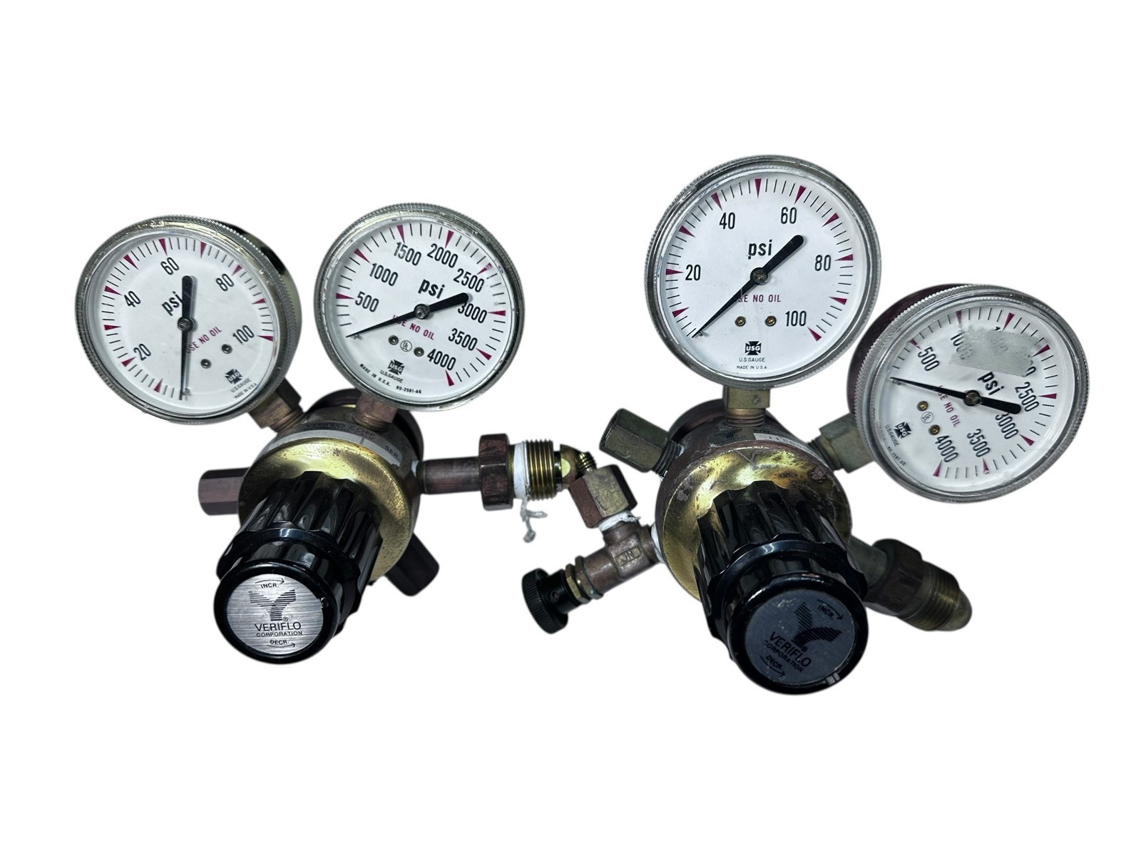 TWO Veriflo 11500870 DECRA Dual Gauge Gas Regulator 4000 PSI USA available from Noble Lab Trade