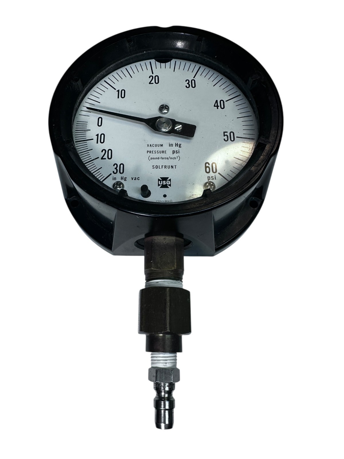 USG Solfrunt Vacuum Pressure Gauge 30 inHg / 60 PSI Dual Scale USA available from Noble Lab Trade